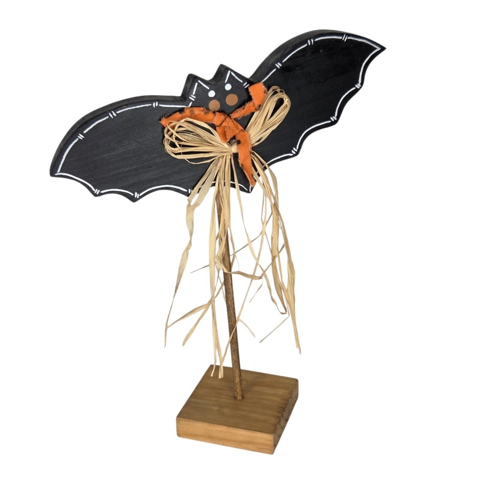 Halloween Wooden Bat Figurine Primitive Rustic Decor Black Orange Raffia